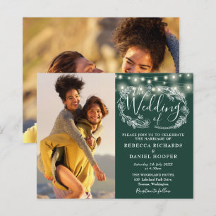 Budget Emerald Green Lights 2 Photo Wedding Invite