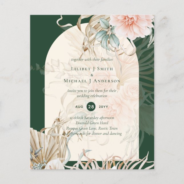 BUDGET Emerald Green Pampas Grass Peach Wedding Flyer (Front)