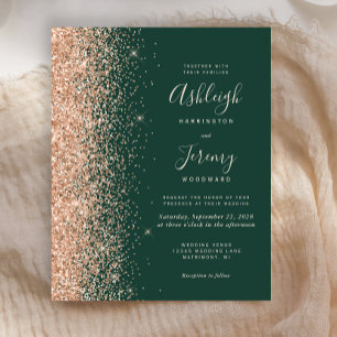 Budget Emerald Green Peach Glitter Wedding Invite