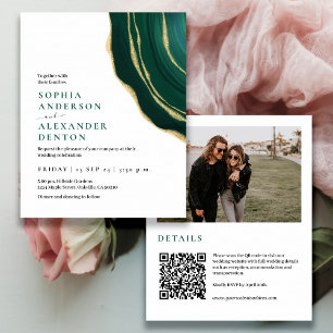 Budget emerald green Photo QR code wedding invite