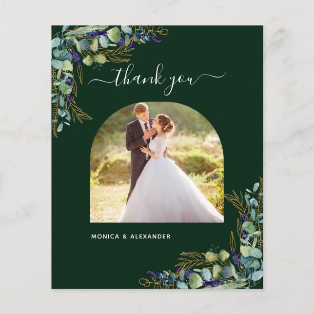 Budget emerald green photo wedding thank you card (Front)