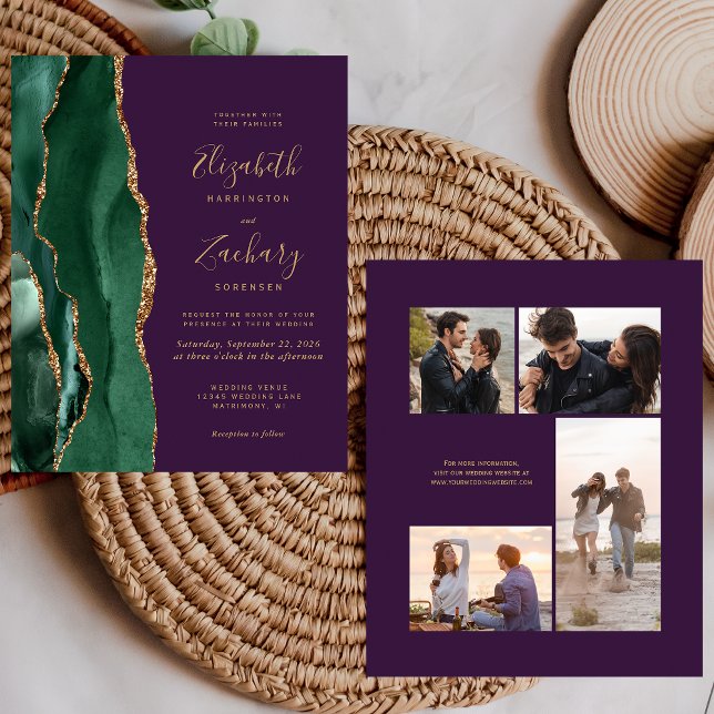 Budget Emerald Green Purple 4-Photo Wedding Invite (Creator Uploaded)
