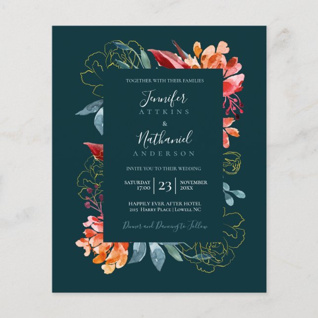 Budget Emerald Green Rusty Orange Floral Wedding  (Front)