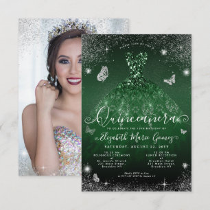 Budget Emerald Green Silver Glam Photo Quinceanera Card