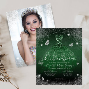 Budget Emerald Green Silver Gown Photo Quinceanera