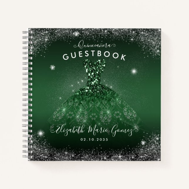 Budget Emerald Green Silver Quinceanera Guestbook  Notebook (Front)