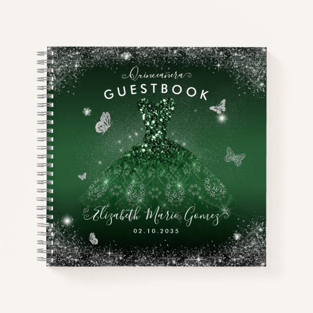Budget Emerald Green Silver Quinceanera Guestbook  Notebook (Front)