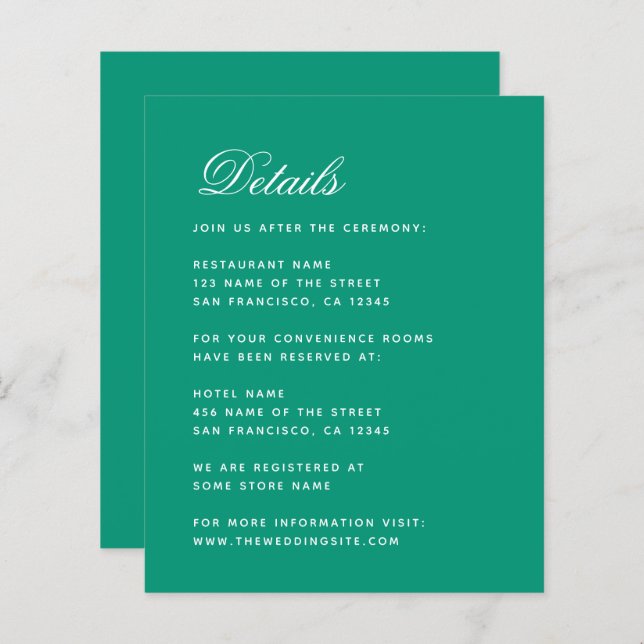 Budget Emerald Green Simple Wedding Details Card (Front/Back)