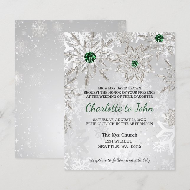 Budget Emerald Green Snowflakes Wedding invitation (Front/Back)