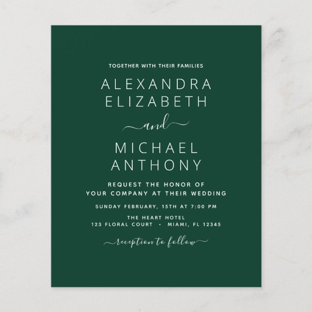 Budget Emerald Green Wedding Invitation Flyer (Front)
