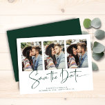 Budget Emerald Green Wedding Save the Date<br><div class="desc">BUDGET Modern Handwritten Save the Date Multiple Photo Card in emerald green and white in a font that is elegant and evokes a romantic handwritten feel. Designed to use three of your favourite photos for added customisation. Easily add your names and dates for a truly personalised design. **Our BUDGET paper...</div>