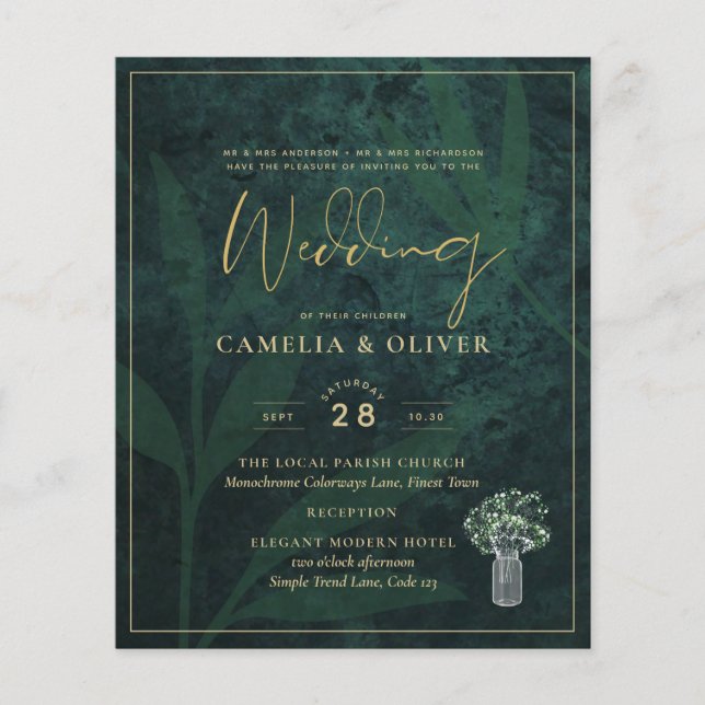 BUDGET EmeraldGreen Gold Gypsophila Wedding INVITE Flyer (Front)