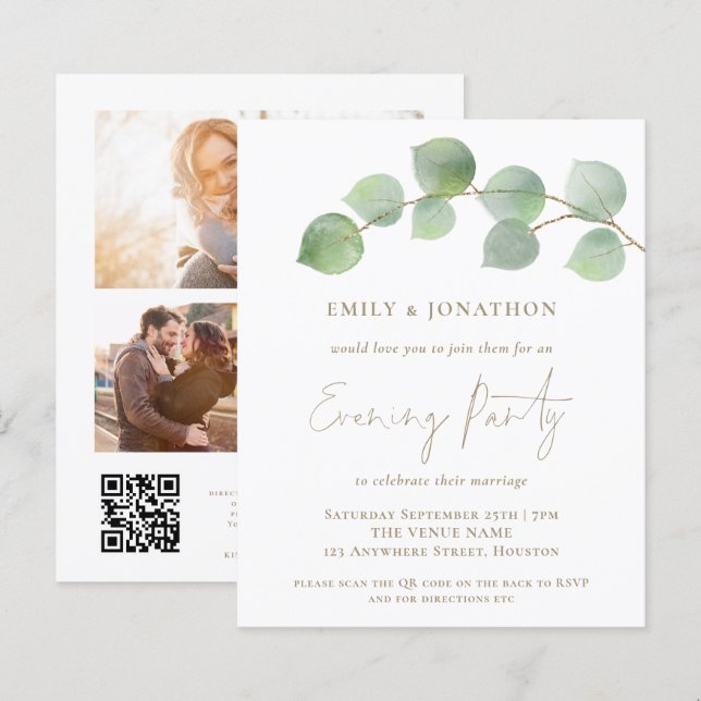 BUDGET Eucalyptus 3 photo QR Evening Party Invite (Front/Back)