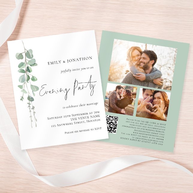 Budget Eucalyptus 3 Photo QR Wedding Evening Party (Front and back view)