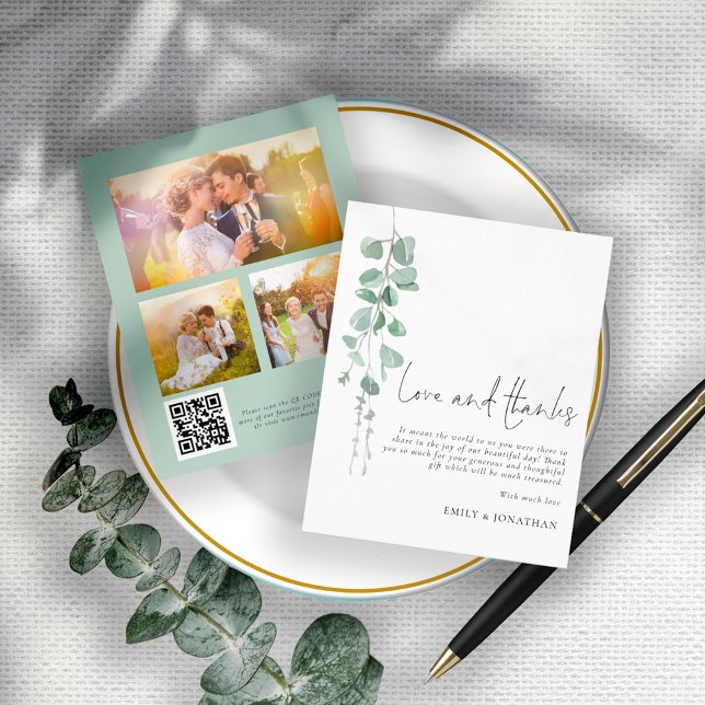 BUDGET Eucalyptus 3 photo QR Wedding Thank You (Front and back view)