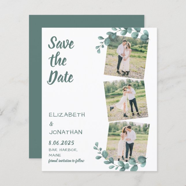 Budget Eucalyptus 3 Photo Wedding Save The Date (Front/Back)