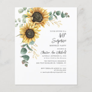 Budget Eucalyptus 40th Birthday Sunflower Invite