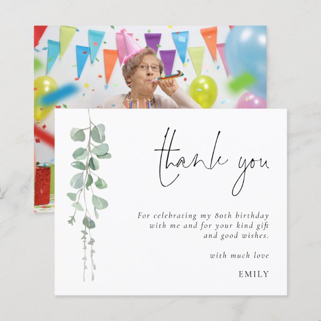Budget Eucalyptus 80th birthday Photo Thank You (Front/Back)