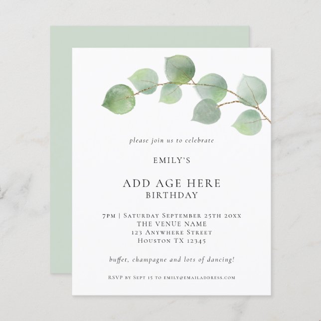 Budget Eucalyptus Any Age Birthday Party Invite (Front/Back)
