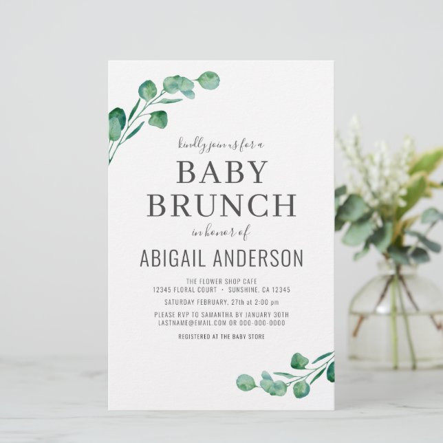 Budget Eucalyptus Baby Brunch Greenery Invitation (Standing Front)