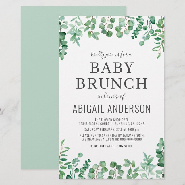 Budget Eucalyptus Baby Brunch Shower Invitation  (Front/Back)