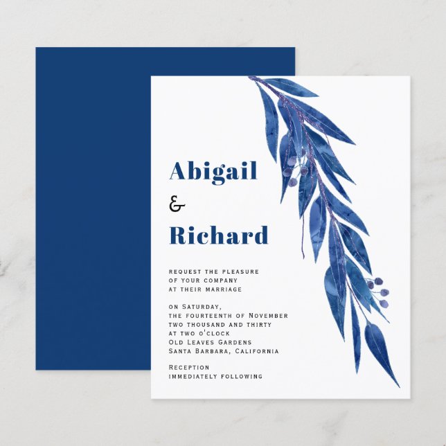 BUDGET eucalyptus blue tones wedding invitation (Front/Back)