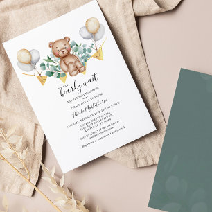 Budget Eucalyptus Boy Bear Baby Shower Invitation