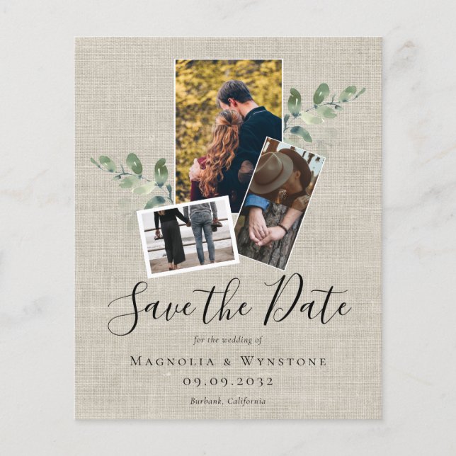 BUDGET Eucalyptus Burlap Wedding Save The Date Flyer (Front)