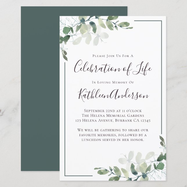 Budget Eucalyptus Celebration of Life Invitation (Front/Back)