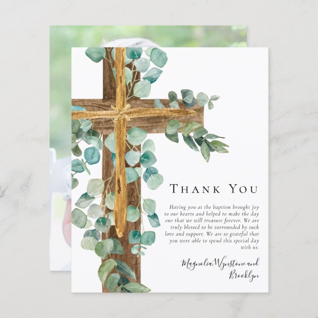 Budget Eucalyptus Cross Baptism Thank You Card (Front/Back)
