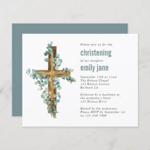 Budget Eucalyptus Cross Christening Invitation