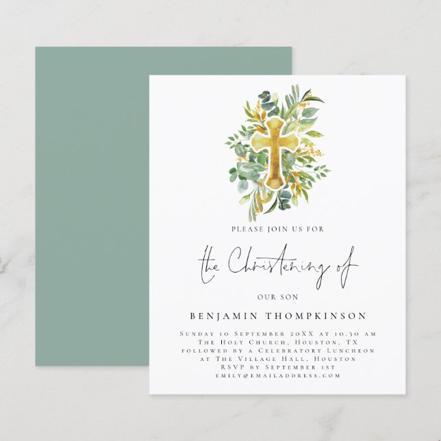Budget Eucalyptus Cross Christening Teal Invite (Front/Back)