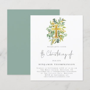 Budget Eucalyptus Cross Christening Teal Invite