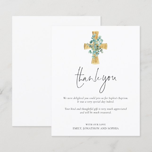 Budget Eucalyptus Cross Christening Thank You (Front/Back)