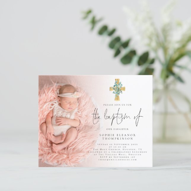 Budget Eucalyptus Cross Photo Baptism Invite (Standing Front)