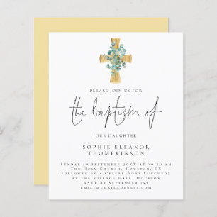 Budget Eucalyptus Cross Script Baptism Invitation