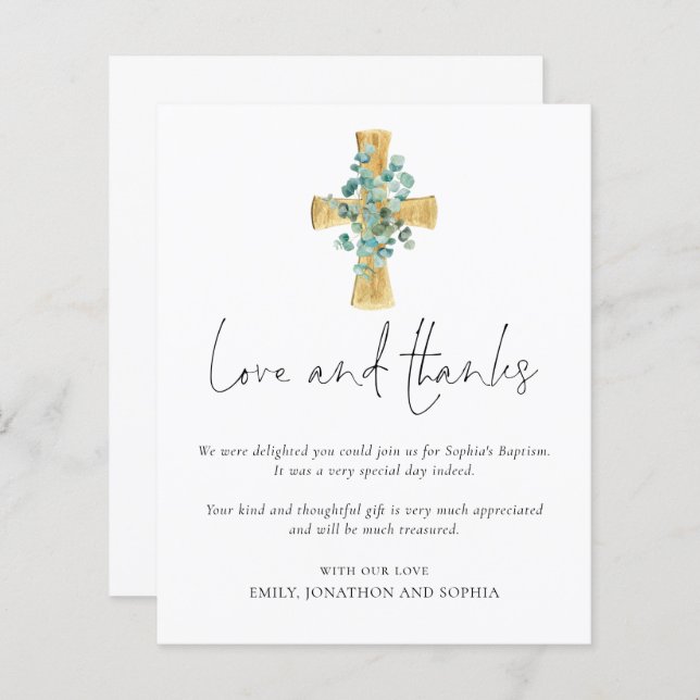 Budget Eucalyptus Cross Script Baptism Thank You (Front/Back)