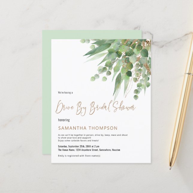 Budget Eucalyptus Drive By Bridal Shower Invite (Front/Back In Situ)