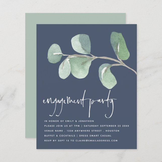 Budget Eucalyptus Dusty Navy Blue Engagement Party (Front/Back)