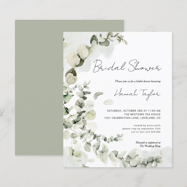 Budget Eucalyptus Elegant Bridal Shower Invitation (Front/Back)