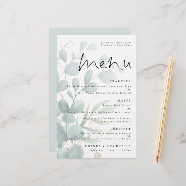 Budget Eucalyptus Elegant Script Wedding Menu (Front/Back In Situ)