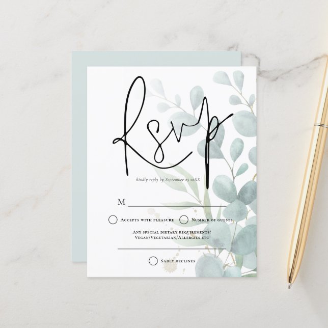 Budget Eucalyptus Elegant Script Wedding RSVP (Front/Back In Situ)