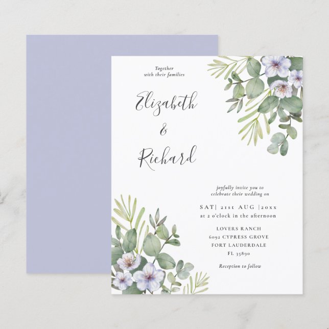 Budget Eucalyptus & Floral Wedding Invitation (Front/Back)