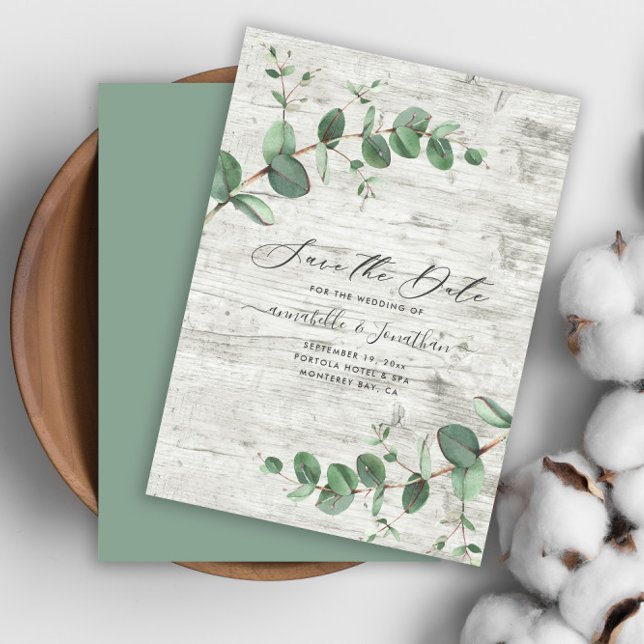 budget eucalyptus foliage white wood Save The Date Card (Creator Uploaded)