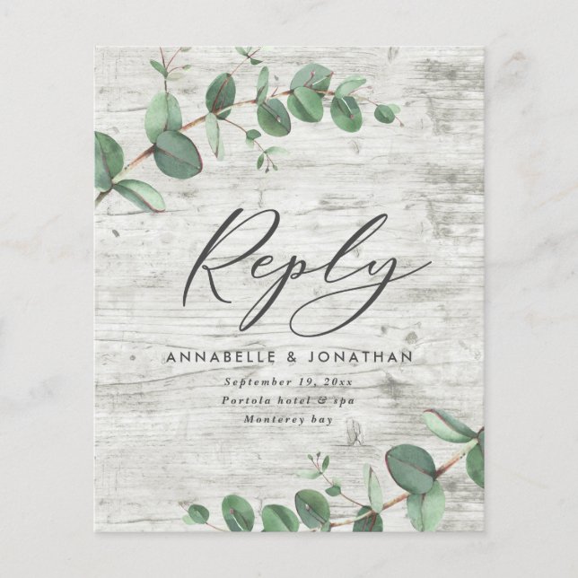 budget eucalyptus foliage white wood wedding RSVP  Flyer (Front)