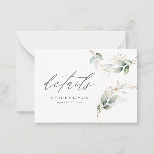 budget eucalyptus geometric wedding details RSVP Card (Front)