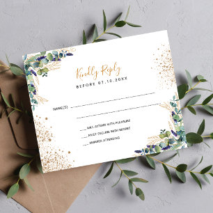 Budget eucalyptus glitter wedding RSVP card