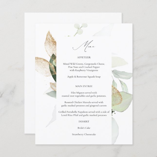 Budget Eucalyptus Glow Gold Greenery Menu (Front/Back)