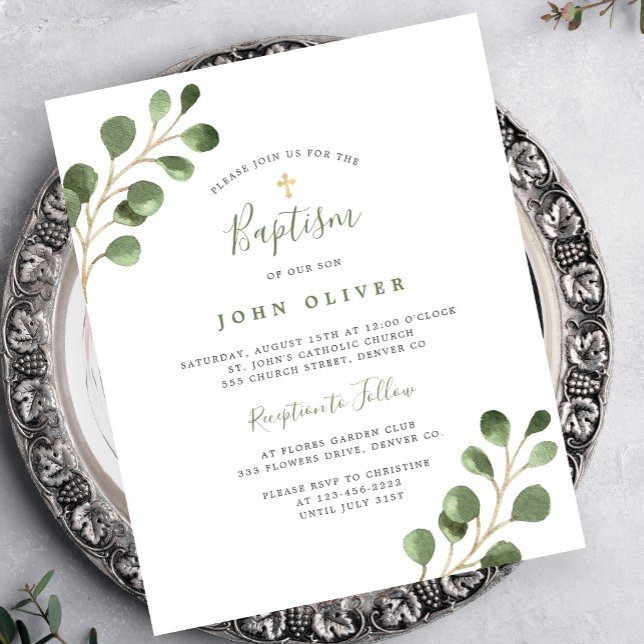 Budget eucalyptus gold cross Baptism Invitation (Creator Uploaded)