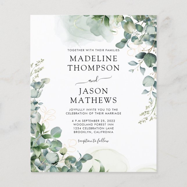 BUDGET Eucalyptus Gold Greenery Wedding Invitation (Front)